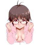  1girl adjusting_eyewear antenna_hair black_hair funnyari glasses hood hoodie no_bra open_clothes original pink_hoodie red_eyes short_hair solo unzipped 