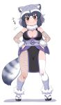  1girl animal_ears bandages bare_shoulders blush breasts brown_eyes cleavage common_raccoon_(kemono_friends) fang fishnet_gloves fishnet_legwear fishnets full_body fur_collar gloves grey_hair hands_on_hips highres kemono_friends large_breasts looking_at_viewer multicolored_hair ninja obi raccoon_ears raccoon_tail ransusan sash short_hair simple_background smile socks solo tail thighhighs white_background white_hair white_legwear 