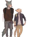  2020 4:5 anthro backpack beastars bird_dog blush bottomwear canid canine canis cheek_tuft clothing domestic_dog duo eye_contact facial_tuft fur grey_body grey_fur hi_res holding_cup holding_object hoookerii hunting_dog jack_(beastars) labrador legoshi_(beastars) looking_at_another male mammal pants retriever shirt simple_background tan_body tan_fur topwear tuft white_background wolf 