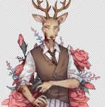  2019 anthro antlers beastars blood bodily_fluids brown_body brown_fur cervid clothed clothing flower fully_clothed fur holding_gun holding_object holding_weapon horn inner_ear_fluff louis_(beastars) male mammal necktie plant shirt smallyu solo topwear tuft weapon 
