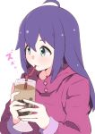  1girl ahoge bangs bendy_straw blue_eyes blush bubble_tea closed_mouth cup drinking drinking_straw enelis eyebrows_behind_hair hair_between_eyes holding holding_cup idolmaster idolmaster_million_live! idolmaster_million_live!_theater_days jacket long_hair long_sleeves looking_away mochizuki_anna purple_hair purple_jacket simple_background solo translation_request upper_body white_background 