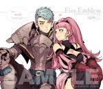  1boy 1girl armor armored_boots artist_name bangs black_legwear black_pants blue_eyes blush boots breastplate breasts caspar_von_bergliez cleavage cleavage_cutout closed_mouth commentary commission copyright_name couple dated detached_sleeves dress earrings english_commentary english_text eyelashes fire_emblem fire_emblem:_three_houses fishine gauntlets gloves hands_on_own_knees hetero hilda_valentine_goneril hoop_earrings jewelry legs_together light_blue_hair long_hair looking_at_another medium_breasts mixed-language_commentary pants pink_dress pink_eyes pink_hair ponytail red_gloves sample short_dress short_hair side-by-side signature simple_background sitting smile spiked_hair swept_bangs thighhighs thighs watermark white_background 