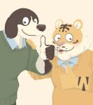  2020 anthro blush brown_body brown_fur canid canine canis clothing cute_fangs domestic_dog duo felid fur hi_res humanoid_hands kemono male mammal panda_po pantherine pink_nose shirt simple_background slightly_chubby tiger topwear 
