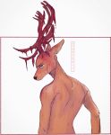  2020 anthro antlers beastars blood bodily_fluids brown_body brown_fur cervid fur hi_res hoookerii horn looking_at_viewer looking_back louis_(beastars) male mammal simple_background solo white_background 