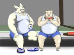  2012 4:3 anthro belly bottomwear clothing duo eating food footwear fruit humanoid_hands kemono lagomorph leporid male mammal melon overweight overweight_male plant rabbit sandals shirt shorts sitting topwear ursid watermelon watermelon_slice yanaka 