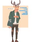  ... 2020 4:5 anthro antlers beastars blush bottomwear brown_body brown_fur cellphone cervid clothing cross-popping_vein dialogue english_text footwear fur hi_res holding_cellphone holding_object holding_phone hoookerii horn jacket louis_(beastars) male mammal pants phone prosthetic prosthetic_leg prosthetic_limb shirt shoes simple_background solo speech_bubble text topwear vein 