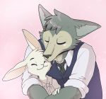  2020 antarcticfox anthro anthro_on_anthro beastars blush canid canine canis cheek_tuft clothed clothing duo eyes_closed facial_tuft fur grey_body grey_fur haru_(beastars) head_tuft hi_res kissing lagomorph legoshi_(beastars) leporid mammal pink_background rabbit simple_background smile tuft white_body white_fur wolf 