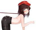  1boy bangs bent_over beret black_legwear blue_eyes blush brown_hair collar commander_(girls_frontline) cum cum_on_clothes dokomon from_side girls_frontline hat highres leash male_focus otoko_no_ko pantyhose red_collar red_headwear simple_background smile solo teeth topless white_background 