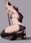  1girl armpits arms_up artoria_pendragon_(all) ass bikini black_bikini black_bow black_cape black_footwear black_legwear blonde_hair bow braid breasts brown_eyes cape fate/grand_order fate_(series) french_braid from_behind fu-ta full_body grey_background hair_bow highres kneeling looking_at_viewer looking_back mysterious_heroine_x_(alter) over-kneehighs shoes simple_background small_breasts solo swimsuit thighhighs wrist_cuffs 