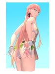  1girl adjusting_clothes adjusting_swimsuit akashi_(kantai_collection) ass blue_background commentary_request cowboy_shot from_behind gloves gradient gradient_background gradient_bikini green_eyes hair_ribbon highres kantai_collection long_hair looking_to_the_side parted_lips pink_hair ribbon solo standing swimsuit tress_ribbon white_gloves yuuji_(and) 