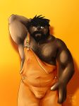  2020 anthro beard belly brown_body brown_fur bulge clothing facial_hair fur hairy hi_res humanoid_hands kenobear male mammal overalls simple_background slightly_chubby solo ursid yellow_background 