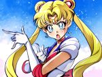  1girl bishoujo_senshi_sailor_moon blonde_hair blue_eyes blue_sailor_collar blush choker commentary crescent crescent_earrings double_bun earrings english_commentary gloves jewelry long_hair looking_at_viewer magical_girl open_mouth red_choker sailor_collar sailor_moon sailor_senshi sailor_senshi_uniform short_sleeves solo tiara tsuki_ni_kawatte_oshioki_yo tsukino_usagi twintails upper_body white_gloves yves_bigerel 