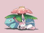  ayo_(ayosanri009) closed_eyes closed_mouth commentary_request creature facing_viewer fangs gen_1_pokemon gen_6_pokemon happy no_humans pink_background pokemon pokemon_(creature) shadow simple_background sleeping smile sylveon venusaur 