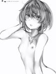  1girl ange_katrina breasts closed_mouth eyebrows_visible_through_hair greyscale hair_intakes hand_up highres jewelry looking_at_viewer monochrome nanashi_(nlo74593630) necklace nijisanji nipples nude short_hair simple_background small_breasts solo upper_body white_background 