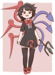  1girl :d arms_at_sides asymmetrical_wings black_dress black_hair black_legwear blush border bow bowtie dress eyebrows_visible_through_hair full_body holding houjuu_nue looking_at_viewer open_mouth pink_background pleated_dress polearm poronegi red_eyes red_footwear red_neckwear shoes short_dress short_hair short_sleeves simple_background smile solo thighhighs touhou trident weapon white_border wings 