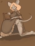  3:4 anthro anus big_breasts breasts butt clothing clothing_lift dress dress_lift female genitals hair half-closed_eyes hi_res kneeling mammal mouse murid murine narrowed_eyes ponytail presenting presenting_hindquarters pussy rodent solo soulofmusashi 