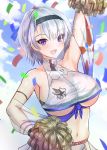  1girl :d aaabbbccccc arm_strap arm_up armpits azur_lane bangs bare_shoulders beltbra black_hairband blue_sky blush breasts cheerleader cloud commentary_request confetti crop_top crop_top_overhang eagle_union_(emblem) eyebrows_visible_through_hair grey_hair hair_between_eyes hairband heavy_breathing highres holding_pom_poms large_breasts looking_at_viewer midriff miniskirt navel open_mouth parted_hair pom_poms purple_eyes purple_sash reno_(azur_lane) reno_(biggest_little_cheerleader)_(azur_lane) sash see-through see-through_skirt see-through_sleeves sheer_clothes shirt short_hair sidelocks skirt sky sleeveless smile solo standing sweat underboob upper_body upper_teeth wet wet_clothes 