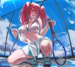  1girl absurdres azur_lane ball bangs bare_shoulders black_panties blue_sky blush breasts bremerton_(azur_lane) bremerton_(scorching-hot_training)_(azur_lane) chain-link_fence cloud crop_top crop_top_overhang day eyebrows_visible_through_hair fence hair_between_eyes hair_ornament hairclip heart heart_necklace highres holding_racket large_breasts long_hair looking_at_viewer multicolored_hair open_mouth outdoors panties pink_eyes pink_hair racket see-through shirt shoes sitting sky sleeveless sleeveless_shirt smile sneakers solo sportswear streaked_hair tennis_ball tennis_court tennis_racket tennis_uniform twintails two-tone_shirt two-tone_skirt underboob underwear wet wet_clothes wet_shirt x_hair_ornament youximiaomiao 
