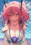  1girl azur_lane bangs bare_shoulders bent_over between_breasts blue_sky blush bottle breasts bremerton_(azur_lane) bremerton_(scorching-hot_training)_(azur_lane) chain-link_fence cleavage collarbone day fence hair_ornament heart heart_necklace highres jewelry large_breasts leaning_forward long_hair looking_at_viewer open_mouth pendant pink_hair red_eyes sidelocks sky smile solo sportswear tennis_uniform twintails two-tone_shirt two-tone_skirt vivi_(eve_no_hakoniwa) water_bottle 
