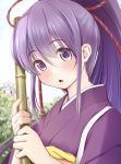  1girl bamboo bangs commentary_request day eyebrows_visible_through_hair hair_between_eyes hands_up high_ponytail holding japanese_clothes kimono kozue_akari long_hair looking_at_viewer outdoors paper_hat paper_kabuto parted_lips pink_nails ponytail purple_eyes purple_hair purple_kimono sengoku_otome solo tokugawa_ieyasu_(sengoku_otome) upper_body 