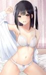  1girl :d bangs bed_sheet black_hair blue_bow blush bow bow_bra bow_panties bra breasts brown_eyes cleavage collarbone curtains hair_ornament hair_scrunchie iwanishi long_sleeves looking_at_viewer medium_breasts navel off_shoulder on_bed one_side_up open_clothes open_mouth open_shirt original panties round_teeth scrunchie shirt sidelocks sitting smile solo star stomach teeth underwear upper_teeth white_bra white_panties white_shirt 