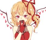  1girl blonde_hair bow dress eyebrows_visible_through_hair flandre_scarlet gloves hair_bow looking_at_viewer neck_ribbon paragasu_(parags112) red_bow red_dress red_eyes red_gloves ribbon side_ponytail simple_background solo touhou white_background wings 