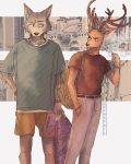  2020 4:5 anthro antlers backpack beastars bottomwear brown_body brown_fur canid canine canis cervid cheek_tuft cigarette clothing duo facial_tuft fur grey_body grey_fur hi_res hoookerii horn legoshi_(beastars) looking_at_another louis_(beastars) male mammal pants shirt shorts smoke t-shirt topwear tuft wolf 