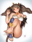  1girl anklet arknights armlet bandeau bangs bare_shoulders barefoot black_hair black_ribbon blush breasts brown_eyes cat_tail cleavage commentary_request cosplay detached_sleeves eyebrows_visible_through_hair fate_(series) finalcake hair_ribbon hands_up head_tilt ishtar_(fate)_(all) ishtar_(fate/grand_order) ishtar_(fate/grand_order)_(cosplay) jewelry long_hair looking_at_viewer lying medium_breasts on_back parted_lips ribbon seiyuu_connection single_thighhigh skyfire_(arknights) solo strapless tail thighhighs thighs tiara two_side_up 