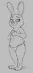  2020 anthro barefoot bonnie_hopps chest_tuft clothed clothing disney female grey_background hi_res lagomorph leporid mammal monochrome panties_only rabbit s1m simple_background sketch smile solo standing topless tuft underwear_only zootopia 