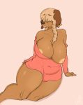  anthro areola areola_slip big_breasts breasts canid canine canis curvy_figure domestic_dog female hair_over_eyes hi_res huge_breasts inverted_nipples krapinka mammal mature_female mother nipples one_breast_out parent pinup pose slightly_chubby smile solo thick_thighs voluptuous wide_hips 