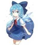  1girl blue_bow blue_dress blue_eyes bow cirno collar dress hair_between_eyes hair_bow looking_at_viewer neck_ribbon paragasu_(parags112) red_neckwear ribbon short_hair short_sleeves sidelocks simple_background smile snowflakes solo touhou white_background 