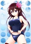  1girl absurdres blue_background brown_hair chestnut_mouth commentary_request hair_ornament highres kantai_collection kisaragi_(kantai_collection) kisaragi_mizuto long_hair purple_eyes red_neckwear ribbon school_swimsuit school_swimsuit_flap solo standing swimsuit thighhighs wet wet_clothes wet_swimsuit 