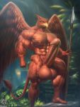  2019 3:4 abs anthro avian balls beak big_balls big_muscles big_penis casual_erection casual_nudity detailed_background erection feathered_wings feathers genitals gryphon hi_res huge_balls huge_muscles huge_penis humanoid_genitalia humanoid_penis jugg4 jungle looking_at_viewer male melee_weapon muscular muscular_male muscular_thighs mythological_avian mythology nude pecs penis polearm portrait pose red_body solo spear spread_wings step_pose tail_tuft tuft veiny_muscles weapon wings 
