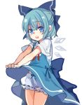  1girl back_bow bloomers blue_bow blue_dress blue_eyes blue_hair bow cirno dress dress_lift eyebrows_visible_through_hair hair_bow looking_at_viewer neck_ribbon open_mouth paragasu_(parags112) red_ribbon ribbon short_hair short_sleeves simple_background solo standing touhou underwear upper_teeth white_background 