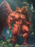  2019 3:4 abs anthro avian beak big_muscles clothed clothing detailed_background feathered_wings feathers gryphon hi_res huge_muscles jugg4 jungle loincloth looking_at_viewer male melee_weapon muscular muscular_male muscular_thighs mythological_avian mythology partially_clothed pecs polearm portrait pose red_body solo spear spread_wings step_pose tail_tuft tuft veiny_muscles weapon wings 