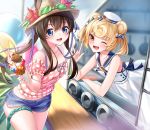  2girls alternate_costume amiya_(arknights) animal_ears arknights bare_shoulders bear_ears blonde_hair blue_eyes blue_shorts brown_hair bunny_ears commentary_request cowboy_shot dress food gummy_(arknights) hair_ribbon hand_up hat highres holding holding_food ice_cream long_hair looking_at_viewer multiple_girls one_eye_closed open_mouth ribbon rukinya_(nyanko_mogumogu) shirt short_hair shorts sleeveless sleeveless_dress sleeveless_shirt smile soft_serve standing thigh_strap 
