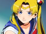  1girl bangs bishoujo_senshi_sailor_moon blonde_hair blue_background blue_eyes blue_sailor_collar bow bowtie breasts choker cleavage crescent crescent_earrings derivative_work earrings from_side hair_ornament heart heart_choker jewelry oomsz parted_bangs parted_lips red_choker red_neckwear sailor_collar sailor_moon sailor_moon_redraw_challenge school_uniform screencap_redraw serafuku solo sweatdrop tiara tsukino_usagi twintails upper_body 