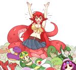  1girl :&gt; :d \o/ arms_up belt breasts cassiopeia_du_couteau character_request commentary crossover ekans english_commentary fang gen_1_pokemon gen_5_pokemon hair_ornament hairclip lamia large_breasts league_of_legends long_hair looking_at_viewer midriff miia_(monster_musume) monster_girl monster_musume_no_iru_nichijou multiple_crossover navel open_mouth outstretched_arms plaid plaid_skirt pleated_skirt pokemon pokemon_(creature) red_hair rockman rockman_3 rtil scales simple_background skin_fang skirt smile snakeman snivy solo trait_connection white_background yellow_eyes 
