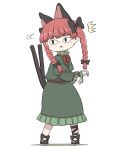  /\/\/\ 1girl animal_ears black_bow black_footwear bow braid cat_ears cat_tail dress eyebrows_visible_through_hair full_body green_dress hair_bow kaenbyou_rin long_dress multiple_tails neck_ribbon nekomata parted_lips poronegi red_hair red_neckwear red_ribbon ribbon shoes simple_background slit_pupils solo standing tail touhou triangle_mouth turning_head twin_braids two_tails white_background 