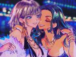  2girls akiyamabc blue_eyes blue_hair bracelet cityscape closed_eyes commentary_request dark_skin earrings eyebrows_visible_through_hair forehead happy hug jewelry multiple_girls night original purple_hair ring yuri 