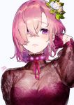  1girl alternate_costume arm_up blush breasts cleavage duplicate earrings fate/grand_order fate_(series) floral_print flower gloves hair_flower hair_ornament hair_over_one_eye highres jewelry leaf long_sleeves looking_at_viewer mash_kyrielight medium_breasts mika_pikazo parted_lips pink_hair print_shirt purple_eyes purple_flower purple_gloves rose_print shirt short_hair signature simple_background smile solo upper_body white_background white_flower yellow_flower 
