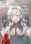  1girl against_glass azur_lane bangs bare_shoulders blush breast_press breasts commentary_request eyebrows_visible_through_hair figure gloves grey_hair hair_between_eyes hairband highres iron_man kitayas large_breasts open_mouth purple_eyes reno_(azur_lane) short_hair skirt smile solo 