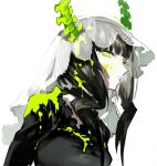  1girl bangs black_hair black_rock_shooter blood blood_on_face blood_splatter bloody_clothes dead_master demon demon_girl demon_horns expressionless from_side green_blood green_eyes green_horns horns looking_at_viewer short_hair sidelocks solo starshadowmagician veil 