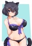  1girl absurdres animal_ears animal_print arm_behind_back bangs bikini black_hair black_jaguar_(kemono_friends) blush bow breasts cleavage collarbone cowboy_shot eyebrows_visible_through_hair grey_eyes halterneck hand_on_own_chest hand_up highres jaguar_ears jaguar_girl jaguar_print jaguar_tail kemono_friends large_breasts looking_at_viewer morimasakazu multicolored_hair parted_lips print_bikini print_swimsuit shiny shiny_skin short_hair skindentation solo strap_gap sweat swimsuit tail thigh_gap two-tone_hair 