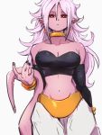  1girl android_21 bare_shoulders black_sclera breasts choker cleavage closed_mouth collarbone detached_sleeves dragon_ball dragon_ball_fighterz grey_background hair_between_eyes kemachiku long_hair looking_at_viewer majin_android_21 medium_breasts midriff navel pink_hair pink_skin pointy_ears red_eyes simple_background solo tail tail_hold yellow_choker 