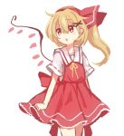  1girl back_bow blonde_hair bow dress eyebrows_visible_through_hair flandre_scarlet frilled_dress frills hair_between_eyes hair_bow neck_ribbon paragasu_(parags112) red_bow red_dress red_eyes ribbon short_sleeves side_ponytail simple_background solo touhou white_background wings 