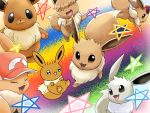  :3 :d ^_^ alternate_color ayo_(ayosanri009) baseball_cap black_eyes brown_eyes closed_eyes commentary_request creature eevee gen_1_pokemon happy hat hatted_pokemon jumping looking_at_viewer no_humans open_mouth pentagram pokemon pokemon_(creature) rainbow_background shiny_and_normal shiny_pokemon smile star too_many 