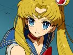  1girl bangs bishoujo_senshi_sailor_moon blonde_hair blue_background blue_eyes blue_sailor_collar bow bowtie breasts choker cleavage crescent crescent_earrings derivative_work diadem earrings from_side hair_ornament heart heart_choker jewelry parted_bangs parted_lips red_choker red_neckwear sailor_collar sailor_moon school_uniform screencap_redraw serafuku solo sweatdrop twintails upper_body wada_aruko 