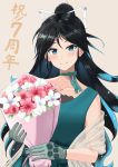  1girl alternate_costume anniversary aozaku_(hatake_no_niku) bangs black_hair blue_dress blue_eyes blush bouquet collarbone dress earrings floral_print flower gloves grey_background hair_ribbon highres holding holding_bouquet jewelry kantai_collection katsuragi_(kantai_collection) long_hair neck_ribbon ponytail ribbon simple_background smile solo upper_body 