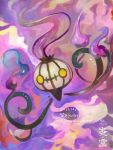  banned_artist chandelure commentary_request creature dated fire flame floating full_body gen_5_pokemon looking_at_viewer no_humans pokemon pokemon_(creature) purple_background purple_fire signature solo suiiro translation_request watermark web_address yellow_eyes 